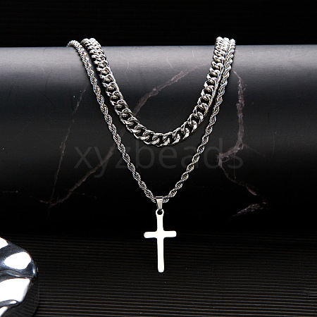 Stainless Steel Hollow Out Cross Pendant Double Layer Necklace with Cable Chains for Men Women PW-WG88E37-02-1