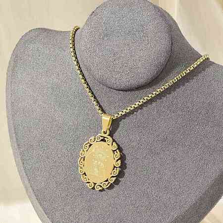 304 Stainless Steel Oval with Virgin Pendant Box Chain Necklaces NJEW-H055-08G-1