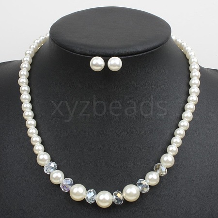 Alloy with ABS Plastic Pearl Round Beaded Necklaces & Stud Earrings Sets for Women WG13E8D-06-1