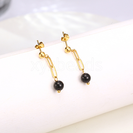 Elegant Stainless Steel Imitation Black Pearl Ball Dangle Earrings for Women ZX9035-1-1