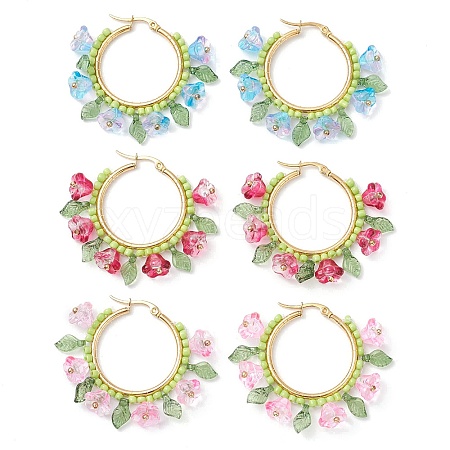 Glass Flower Hoop Earrings EJEW-TA00589-1