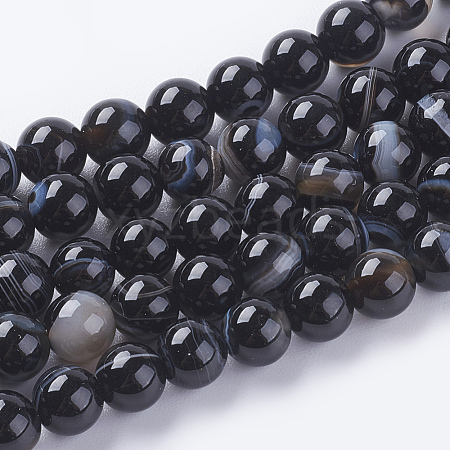 Round Dyed Natural Black Agate Beads Strands G-G582-6mm-07-1