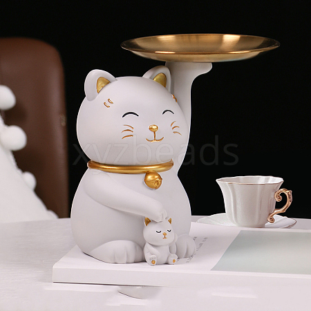 Resin Lucky Cat Sculpture with Hallway Key Storage Tray DJEW-PW0012-084B-1