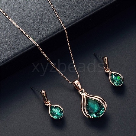 Teardrop Alloy Glass Pendant Necklaces & Stud Dangle Earrings Sets for Women WGD12E0-01-1