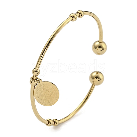 PVD Vacuum Plating 202 Stainless Steel Disc Charm Open Cuff  Bangles for Women BJEW-M317-03G-1