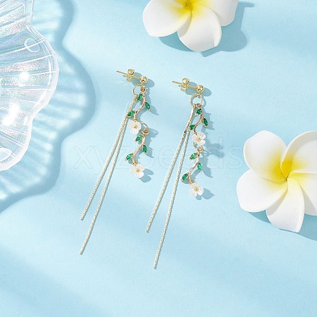 Leaf with Flower Brass Micro Pave Cubic Zirconia Tassel Stud Earrings EJEW-JE06456-1