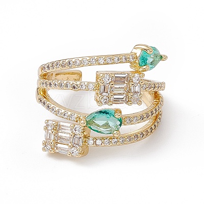 Aquamarine Cubic Zircon Teardrop and Rectangle Open Cuff Ring RJEW-B043-08-1