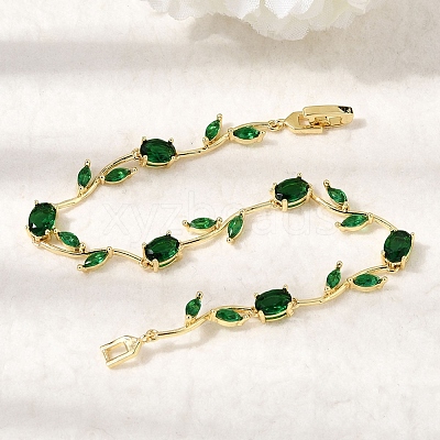 Leaf Brass Micro Pave Cubic Zirconia Link Chain Bracelets for Women BJEW-D455-01G-06-1