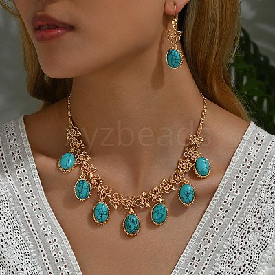 Middle Eastern Synthetic Turquoise & Alloy Oval Pendant Necklace & Earrings Sets for Wedding AL5666-1