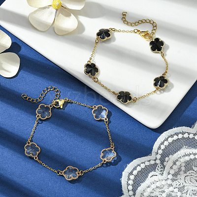 2Pcs 2 Colors Glass Flower Link Bracelets BJEW-JB10586-1