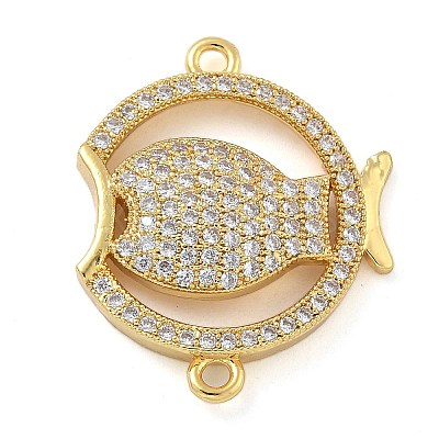 Rack Plating Brass Micro Pave Clear Cubic Zirconia Fish Connector Charms kk-A234-46G-1