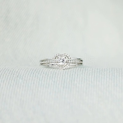 2Pcs Heart 925 Sterling Silver Micro Pave Clear Cubic Zirconia Finger Rings for Women FS-WG4005F-03-1