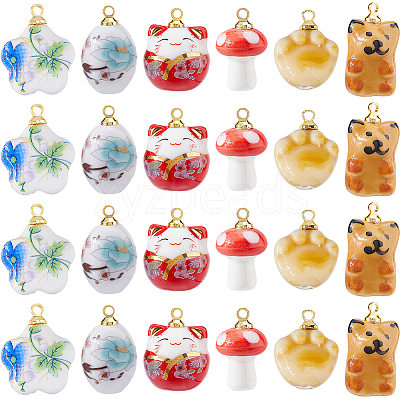 24Pcs 6 Styles Porcelain Pendants PALLOY-FH00169-1