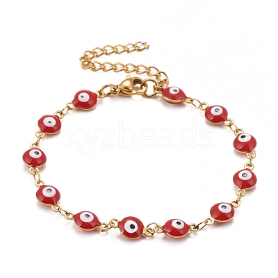 Enamel Oval with Evil Eye Link Chains Bracelet BJEW-P271-04G-01-1