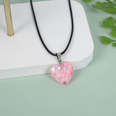 Luminous Heart with Paillette Inside Pendant Black Wax Cord Necklaces FS-WGF75A0-04-1