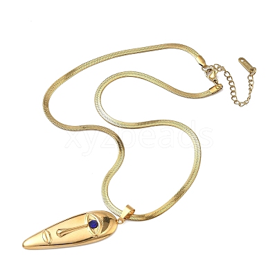 304 Stainless Steel Capri Blue Rhinestone Human Face Pendant Necklaces for Women NJEW-K303-01B-G-1