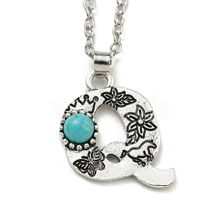 Letter A~Z Antique Silver Plated Alloy with Synthetic Turquoise Pendant Necklaces NJEW-G080-01Q-1