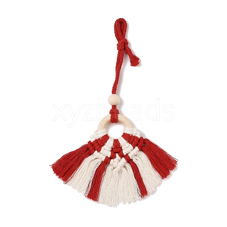 Handmade Macrame Nylon Thread Pendant Decorations with Wood Beads HJEW-P019-03B-1