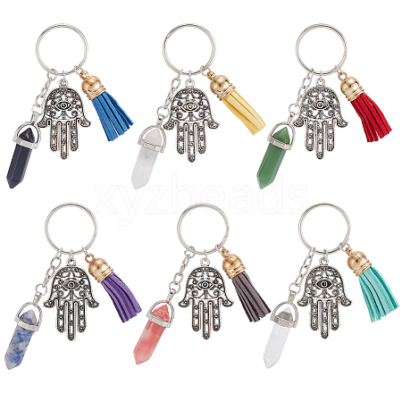 DELORIGIN 6Pcs 6 Styles Bullet Natural & Synthetic Gemstone Pendant Keychain KEYC-DR0001-03-1