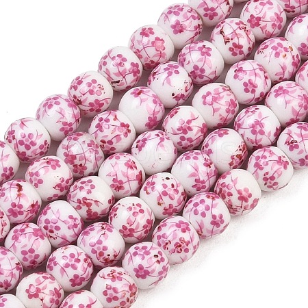 Handmade Flower Printed Porcelain Ceramic Beads Strands X-PORC-M005-6mm-03-1