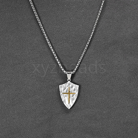 Duo Tone 304 Stainless Steel Cross Shield Pendant Necklaces for Men WGF217A-01-1