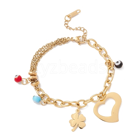 Round Evil Eye Lampwork & Heart & Clover Charm Bracelet with 304 Stainless Steel Chain for Women STAS-P304-16G-1