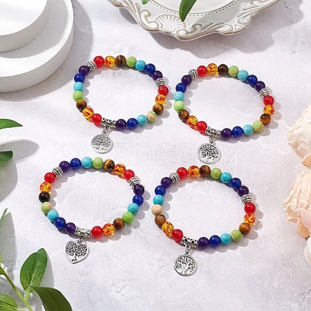 Chakra Theme Natural & Synthetic Mixed Gemstone Beaded Stretch Bracelets BJEW-JB11281-1