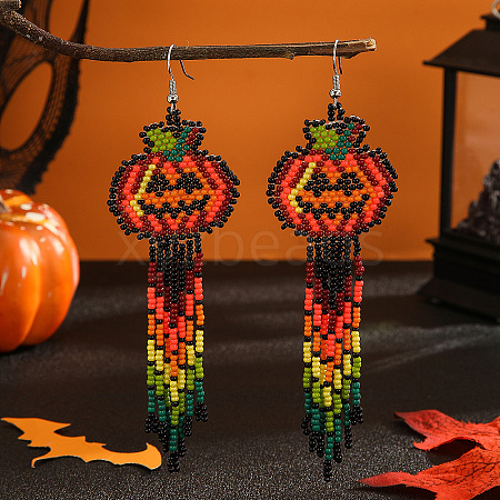 Pumpkin Head Glass Bead Earrings with Tassels for Halloween Style YX5254-1