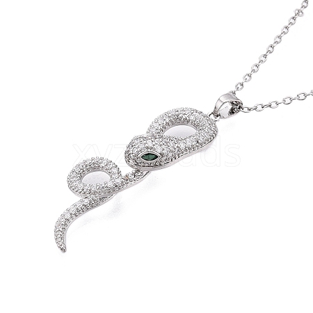 Brass Micro Pave Clear Cubic Zirconia Snake Pendant Necklaces NJEW-M080-04-1