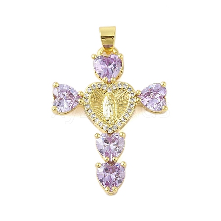 Rack Plating Brass Micro Pave Cubic Zirconia Heart Shape Virgin Mary Cross Pendant KK-S380-44D-G-1