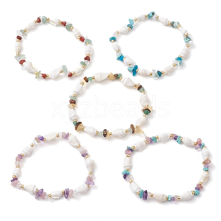 Natural Gemstone & Shell Beads Stretch Bracelets BJEW-JB11220-1