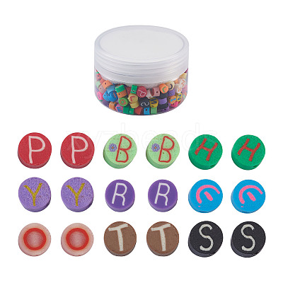 Handmade Polymer Clay Flat Round with Capital Letter Beads CLAY-CW0001-01-1
