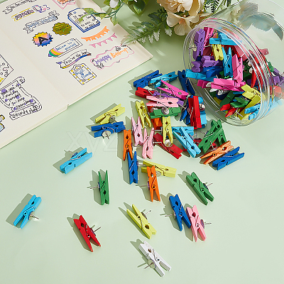 100Pcs Wooden Craft Pegs Clips with Iron Drawing Pins AJEW-WH0709-007-1