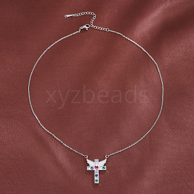 Brass Pave Colorful Cubic Zirconia Cross with Angel Wings Pendant Necklaces for Women WGF2102-02-1