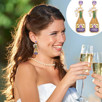 1 Pair Carnival Theme Glitter Zinc Alloy Champagne Winebottle Dangle Stud Earrings EJEW-UN0002-75-1