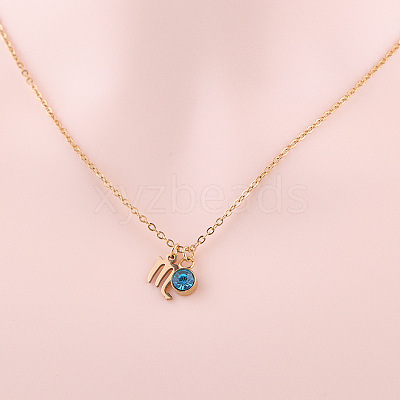 304 Stainless Steel Aquamarine Rhinestone Birth Stone Constellation Pendant Necklaces FS-WG76580-12-1