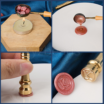 1Pc Golden Tone Brass Wax Seal Stamp Head with Bamboo Stick Shaped Handle STAM-CP0001-04H-1