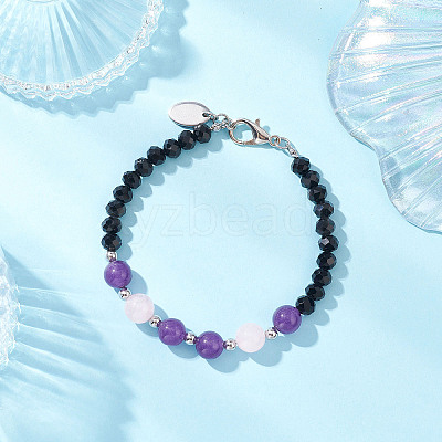 Natural Rose Quartz & Glass Round Beaded Bracelets for Women BJEW-JB12210-02-1