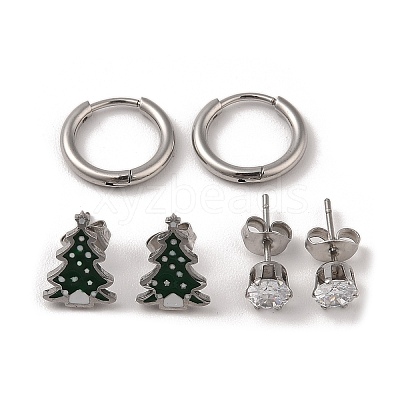 3 Pairs 3 Styles Christmas 304 Stainless Steel Hoop & Studs Earrings Set for Women EJEW-K279-12C-P-1