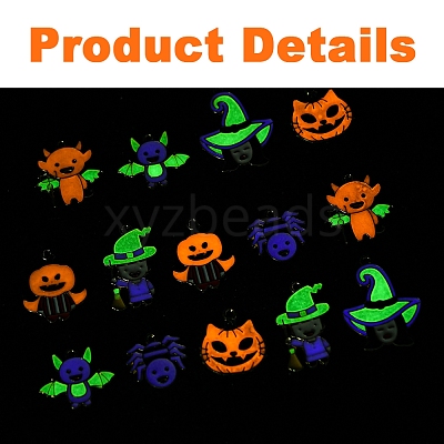 14Pcs 7 Styles Halloween Theme Rack Plating Luminous Alloy Enamel Pendants ENAM-FS0002-10G-1