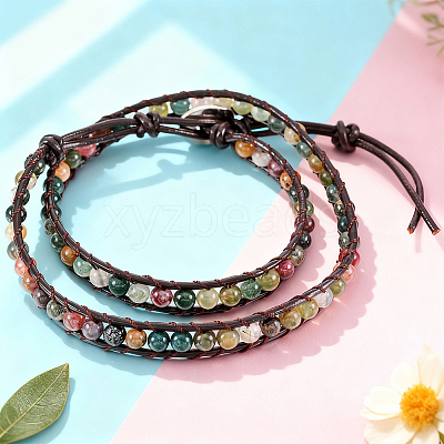 Natural Indian Agate Round Beaded Bracelets BJEW-WH20001-14A-1