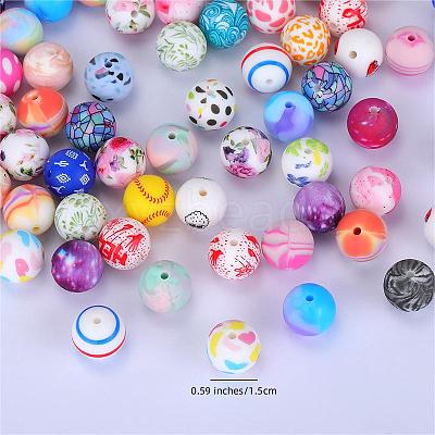 Printed Round with Flower Pattern Silicone Focal Beads SI-JX0056A-168-1