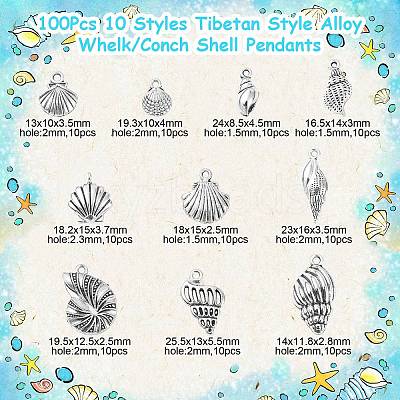 100Pcs 10 Styles Tibetan Style Alloy Whelk/Conch Shell Pendants TIBEP-CJ0001-61-1
