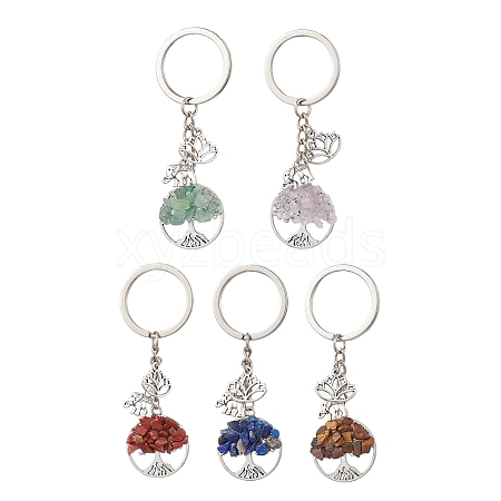 5Pcs 5 Styles Tree of Life Natural Amethyst & Tiger Eye & Red Jasper & Lapis Lazuli & Green Aventurine Pendant Keychains KEYC-JKC00924-1