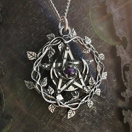 Alloy & Purple Resin Wicca Pentacle Pendant Necklaces for Women FS-WGD761A-01-1