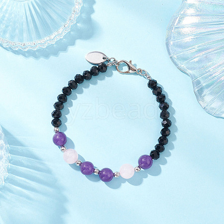 Natural Rose Quartz & Glass Round Beaded Bracelets for Women BJEW-JB12210-02-1