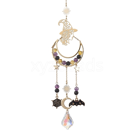 Halloween Natural Amethyst & Lava Rock & Synthetic Citrine Beads & Metal Witch & Moon Hanging Ornaments HJEW-TA00251-1