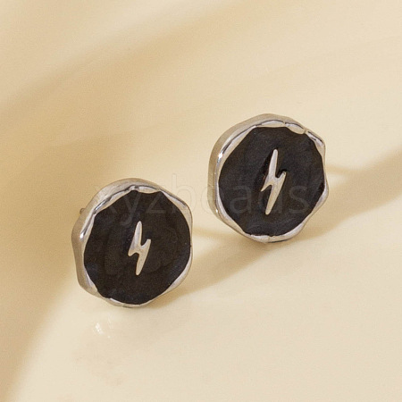 Stylish Stainless Steel Flat Round with Lightning Bolt Stud Earrings OU9533-1-1