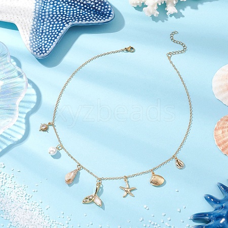 Summer Beach Brass Clear Cubic Zirconia & Shell Pearl & Spiral Shell Bib Necklaces NJEW-TA00182-1