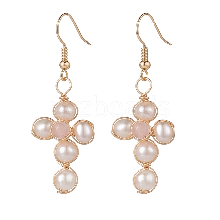 Natural Shell & Rose Quartz Braided Cross Dangle Earrings EJEW-JE04954-03-1